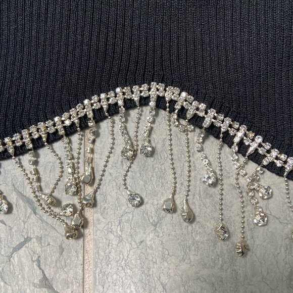 NEW Collection Rhinestone Fringe Trim Ribbed Stretchy Crop Tank Top Black Sz S/M - Picture 3 of 10